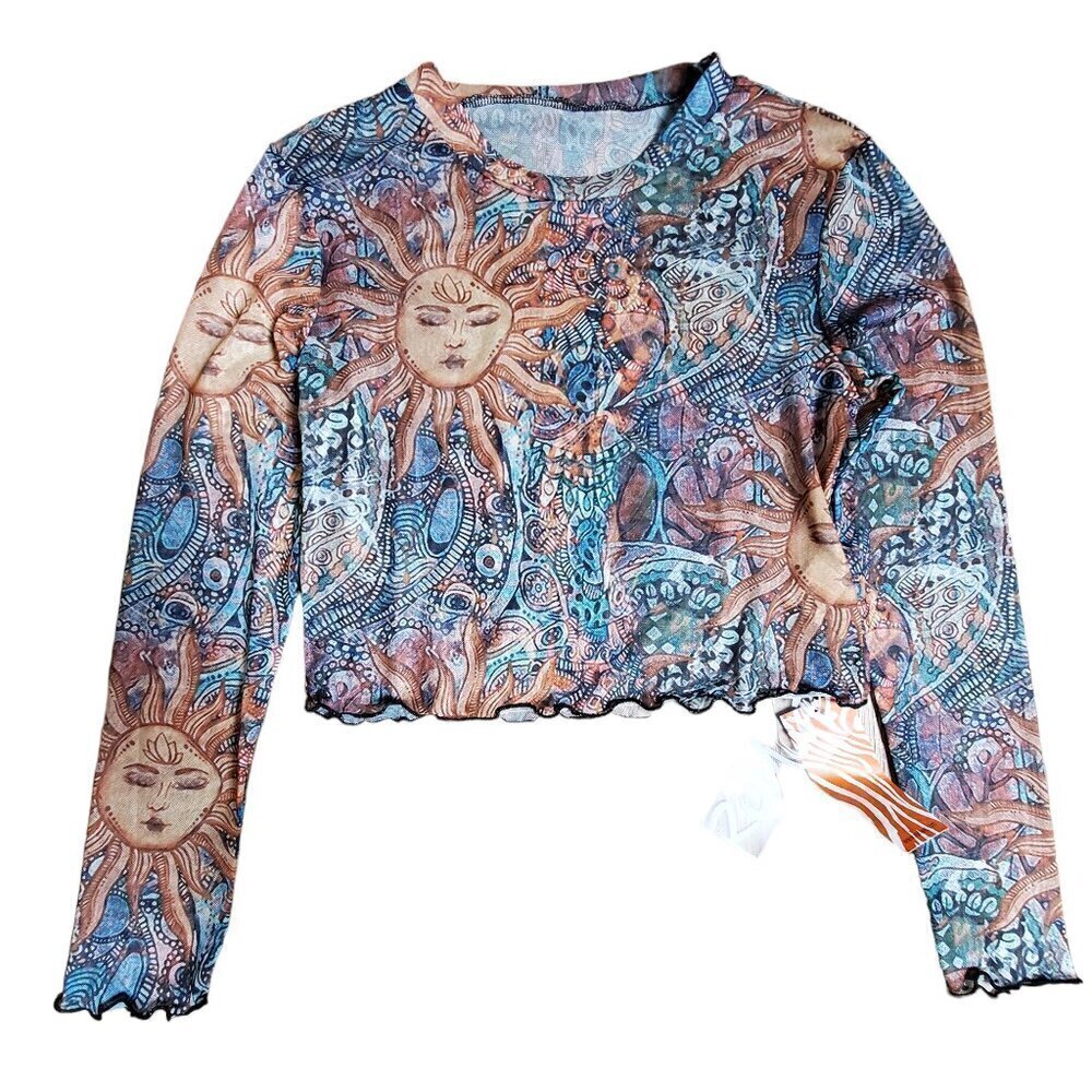 Romwe Sun Cropped Sheer Boho Mesh Top Womens 4 Hippie Astrology Zodiac NWT